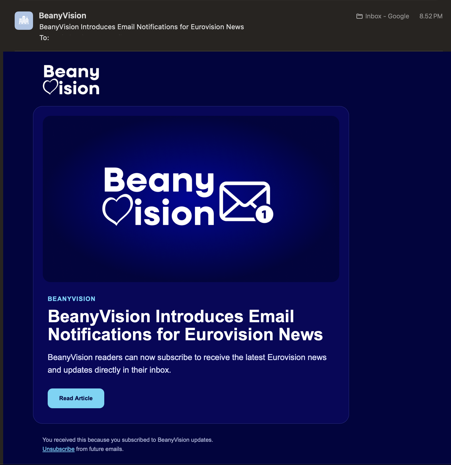 BeanyVision’s new email notifications deliver the latest Eurovision news directly to subscribers’ inboxes.